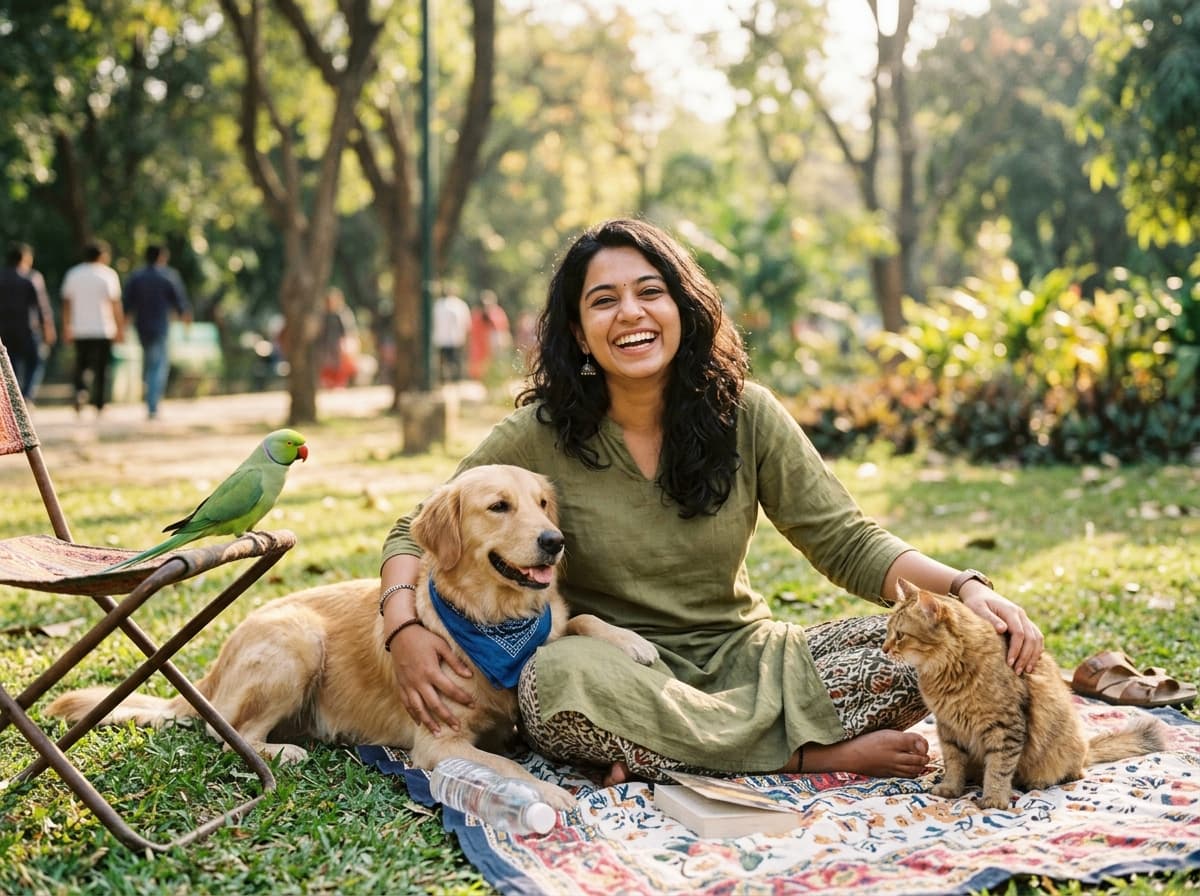 A happy pet parent with her dog, cat and parrot